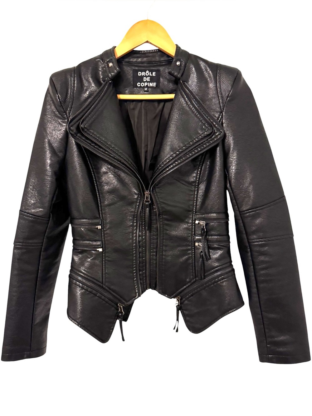 Drole de Copine Black Faux Leather Biker Moto Jacket Womens M Y2K Punk Rock Edgy